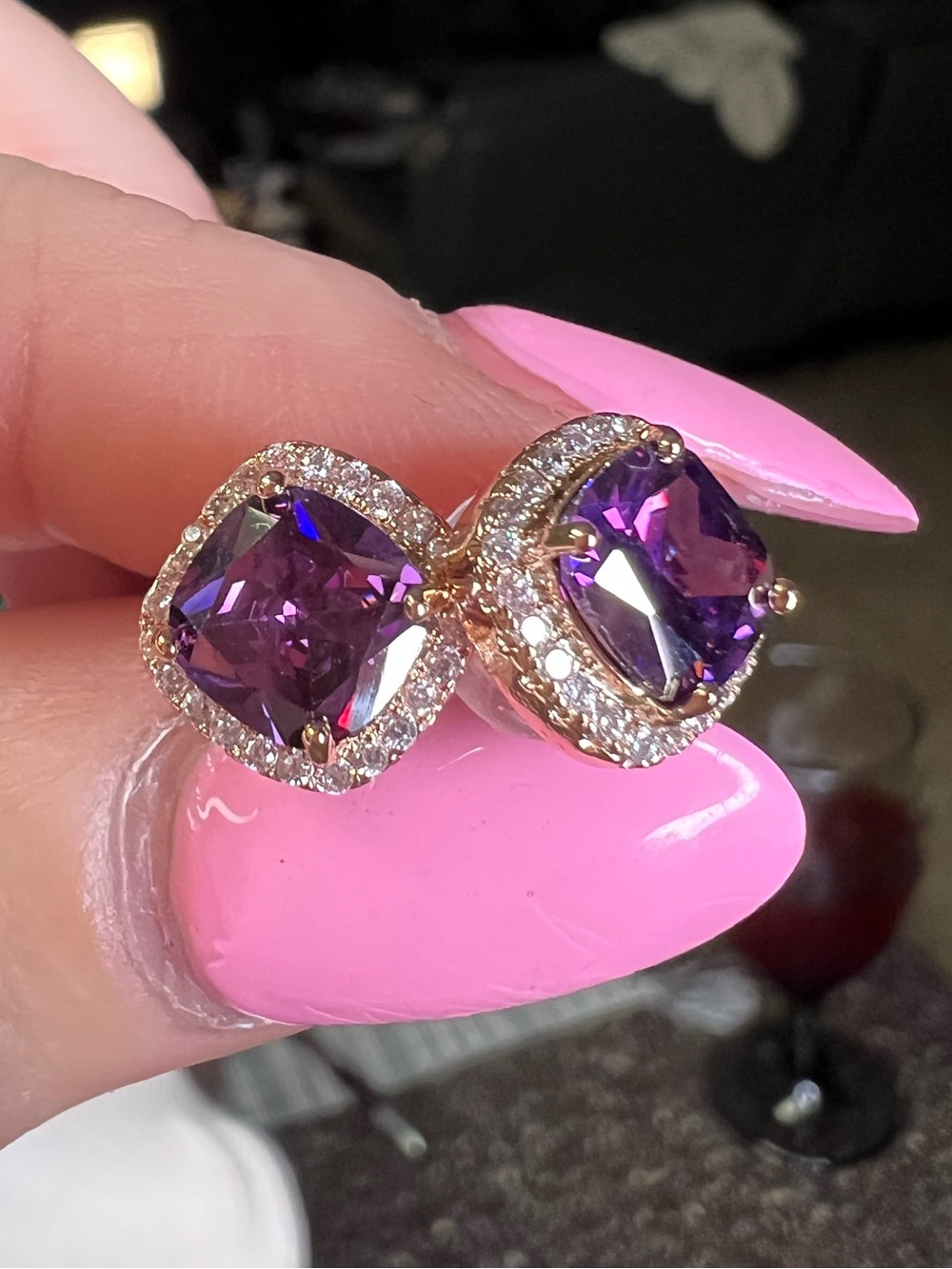 African Amethyst Square Cut Halo Earrings โ 4 Carat ๐ - Picture 2 of 10